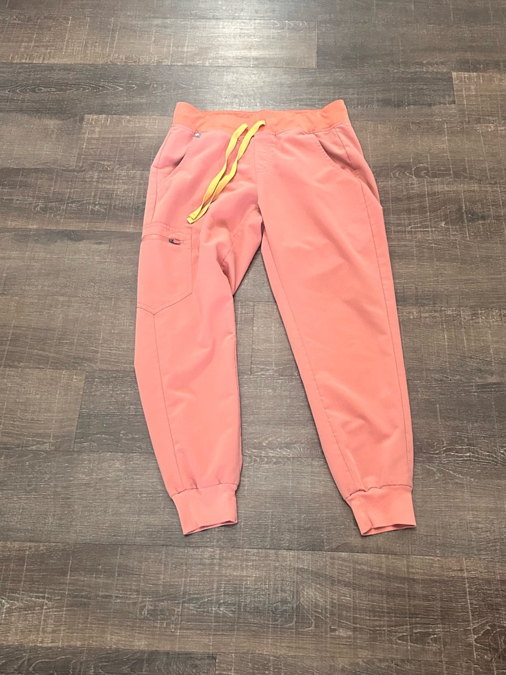 FIGS Coral Pink Jogger Scrub Pants with Yellow Drawstring